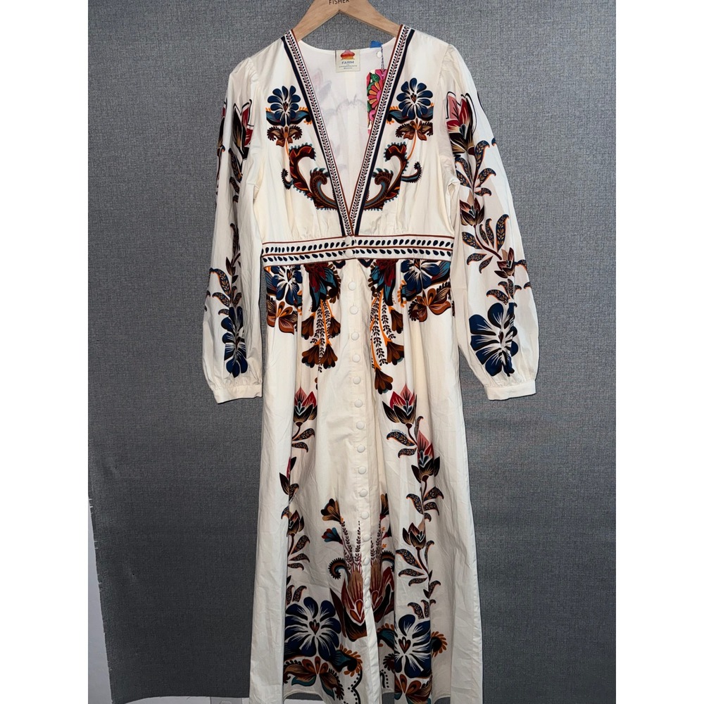 NWT Farm Rio Anthropologie M Maxi Dress Cream Floral V-Neck Puff Sleeve Buttons